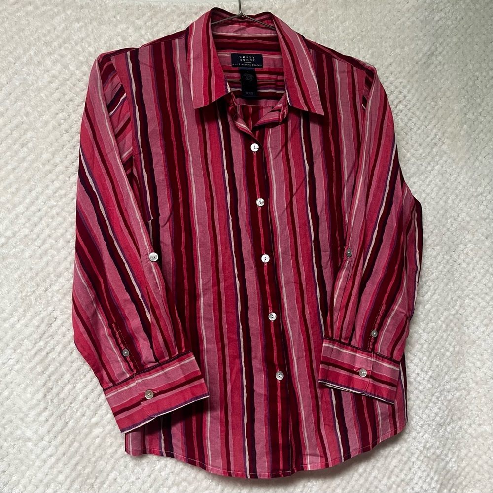Crazy Horse by Liz Claiborne Top Button Down Pink Stripes 100% Cotton Classic 8